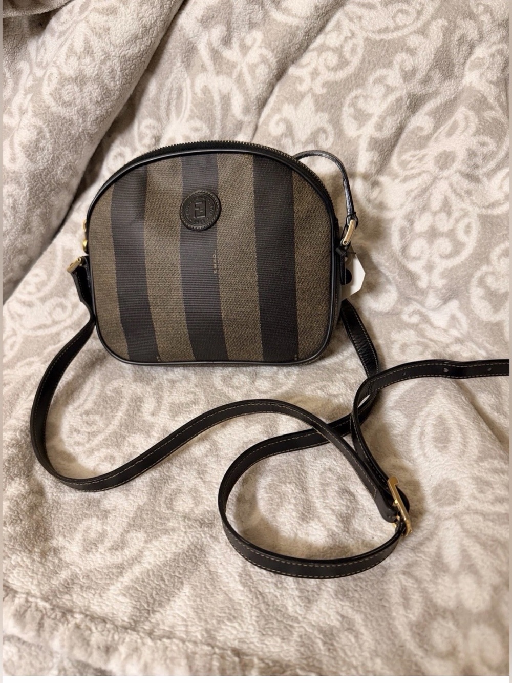 Fendi Brown/Black Striped Crossbody Bag Zip Closure Adjustable Detachable Strap